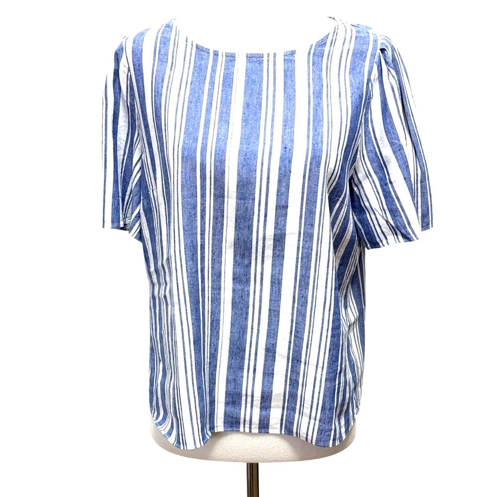 Cabi Striped Linen Blend Wing Sleeve Top Blue White Size S